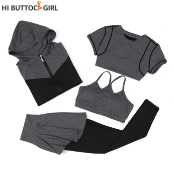 

4Piece Set Yoga Suit Women Sportswear Workout Suit Fitness Clothes Women Solid Color Fitness Jumpsuit Long Sleeve Running Sports