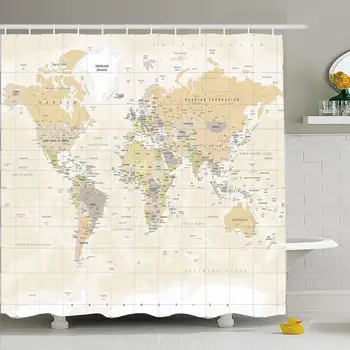 

Shower Curtain Set with Hooks 72x72 in World Flat Map Vintage Style USA High Asia Detailed Cartography Transportation Education