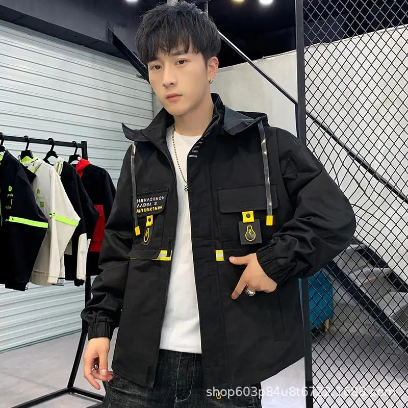 

2019 Autumn And Winter Coat Men's Trend Korean-style Slim Fit English Printed Solid Color Cool Students Handsome Long Jacket