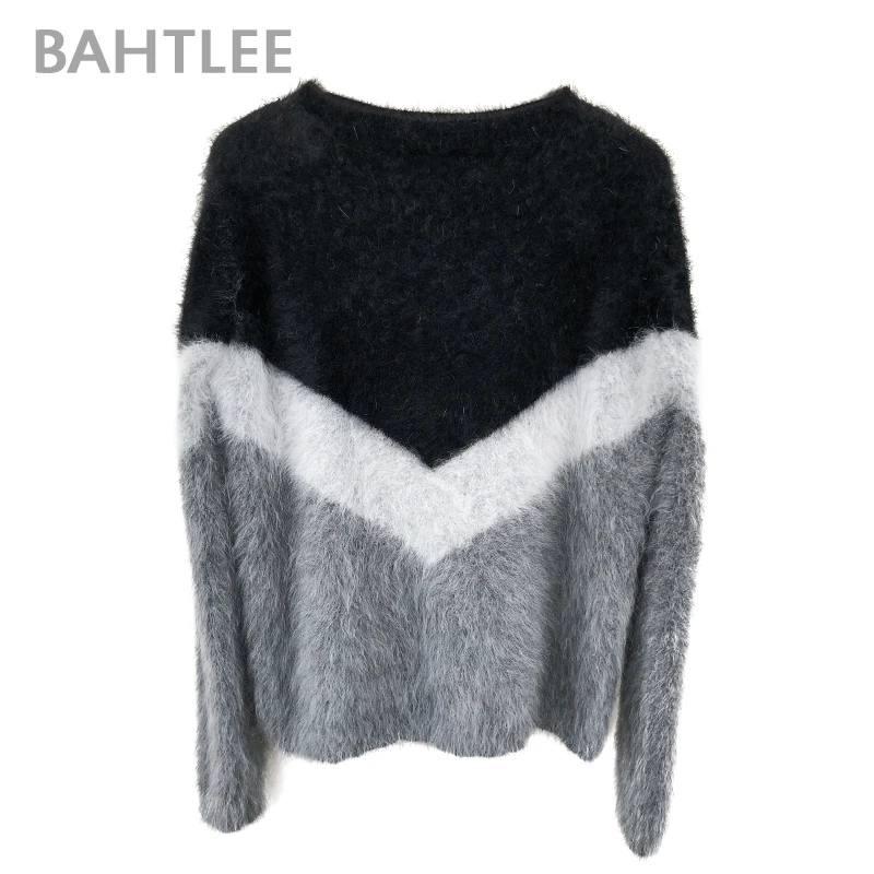 BAHTLEE Women Angora V-neck Pullovers Sweater Autumn Winter Wool Knitted Geometric Designs Jumper Long Sleeves Loose style