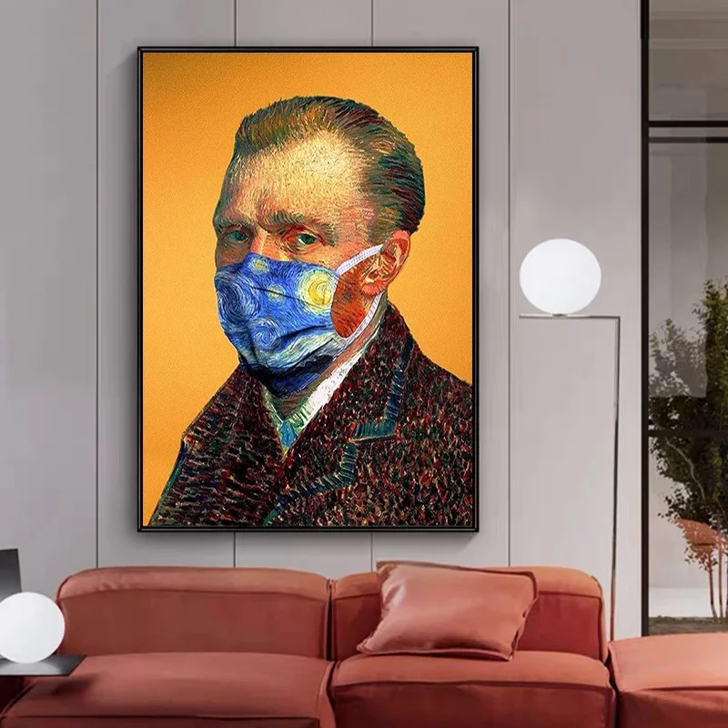 Funny Character Art Van Gogh Wears A Blue Starry Sky Mask Posters Cuadros Canvas Paintings Wall Room Home Decor (No Frame) | Дом и сад