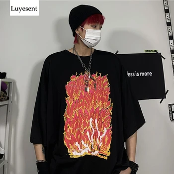 

Harajuku Cool Fire Print Unisex T-shirts 2020 Woman High Street Loose Basic T-shirt Man Hip-hop Rock Black White Casual Punk Top