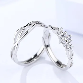 

Genuine S925 Sterling Silver Jewelry Couple Pair Ring Men and Women Simple Fashion Zircon Open Adjustable Ring