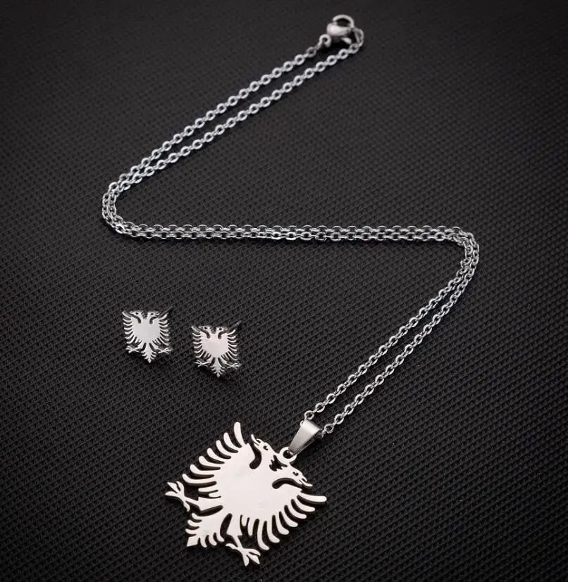 Oly2u  Albania Flag Double Headed Bird Shaped Jewelry Sets Chic Stainless Steel Eagle Necklaces for Men Women Party Wear