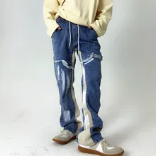 Pantalones vaqueros estilo Hip Hop para hombre y mujer, Jeans acampanados estilo Retro lavados con estampado de grafiti de inyección de tinta, cinta Punk, 2021