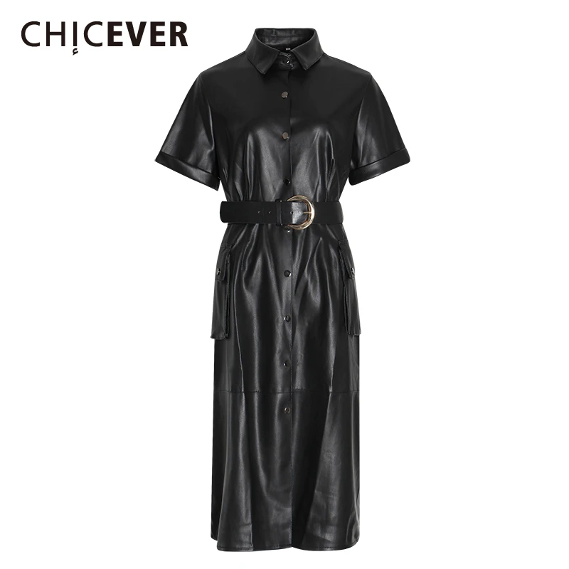 CHICEVER PU Leather Dress For Women Lapel Collar Short Sleeve High Waist Sashes Female Dresses Autumn Fashion New Clothes