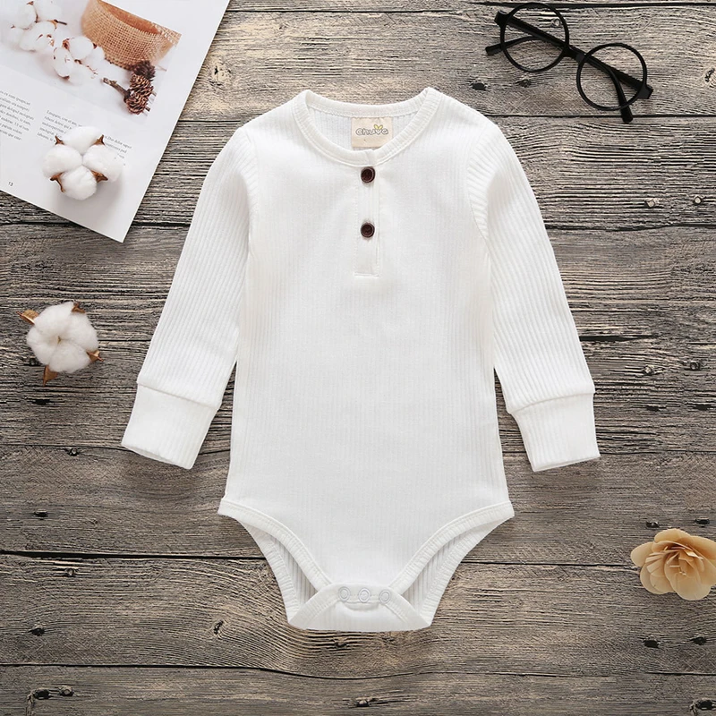 Комбинезон для новорожденных мальчиков от 0 до 18 месяцев, весенне-осенняя одежда для маленьких девочек мягкий хлопковый комбинезон в рубчик с длинными рукавами для младенцев - Цвет: 2-White