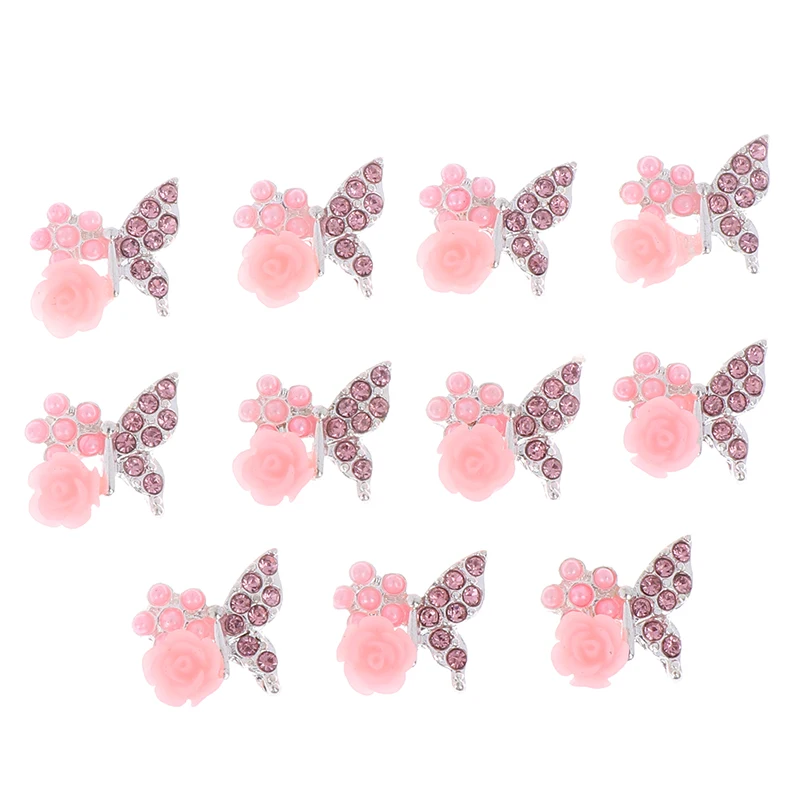 Crystal Rhinestones For Nail Art Decoration 10pcs/bag 3D Pink Butterfly Jewelry Nail Art Glitter Silver Alloy Manicure Supplies