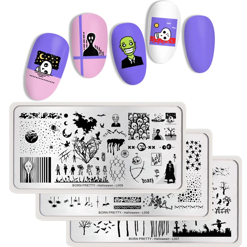 

BORN PRETTY Stamping Plates Flowers Pumpkin Lantern Bat Mix Image Rectangle Stainless Steel Nail Art Template Halloween Theme