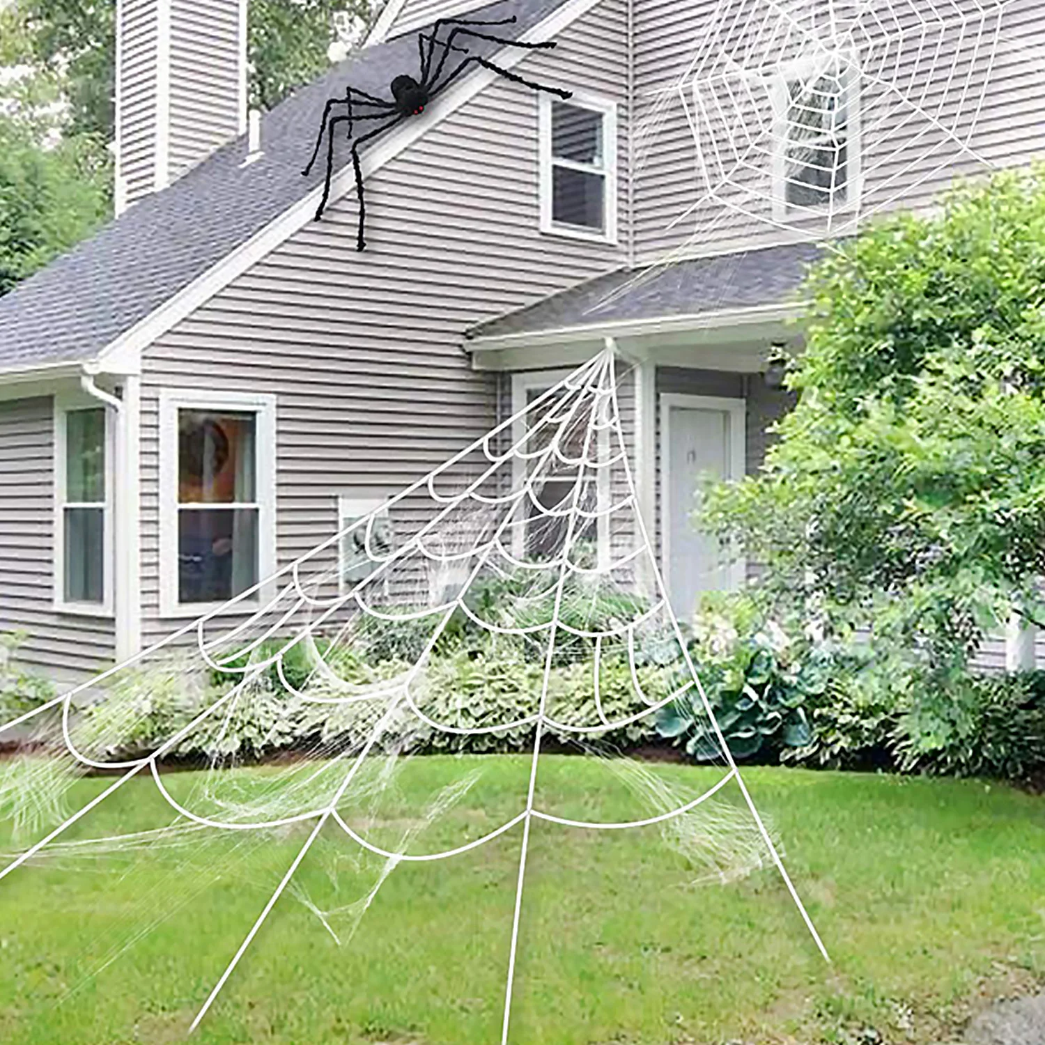 Besegad Scary Horror Triangular Huge White Spider Web with Cobweb Hook Stake for Halloween Party Garden Yard Outdoor Decor