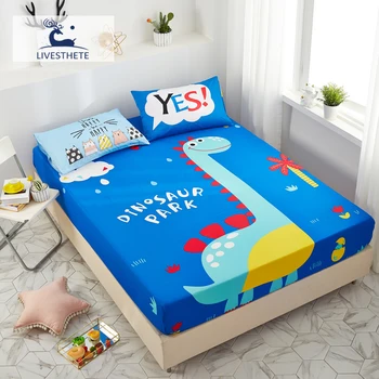 

Liv-Esthete Dinosaur Blue Fitted Sheet 100% Cotton Mattress Cover Queen King Bed Sheet On Elastic Band Bed Linen For Adult Kids