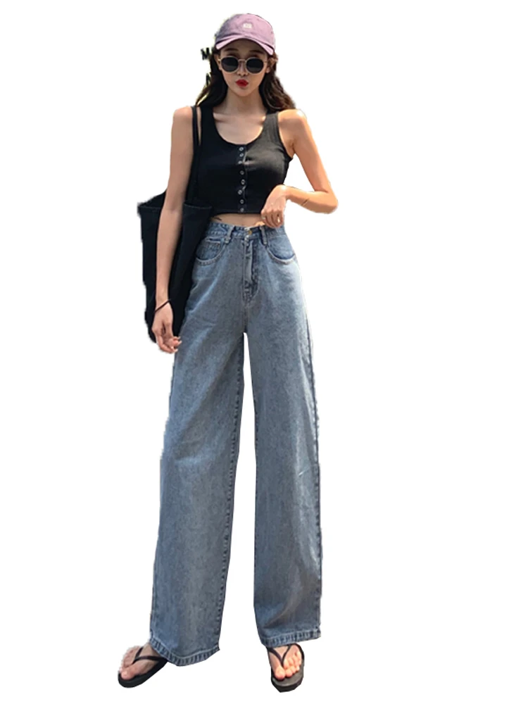 Korean version of high waist wide leg pants straight daddy pants 2020 spring new loose ins tide mopping jeans women rock revival jeans