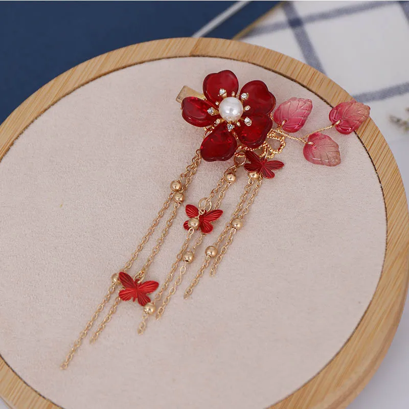 1 пара китайский красный Хрустальный цветок шпильки Hanfu головные уборы длинные кисточки заколка для волос для невесты свадебные украшения для волос