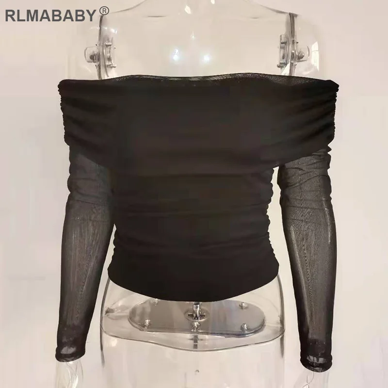 RLMABABY с открытыми плечами, с длинным рукавом, сексуальная Сетчатая футболка, топы для женщин, весна-осень, открытая спина, прозрачные женские футболки, повседневный укороченный топ - Цвет: Black