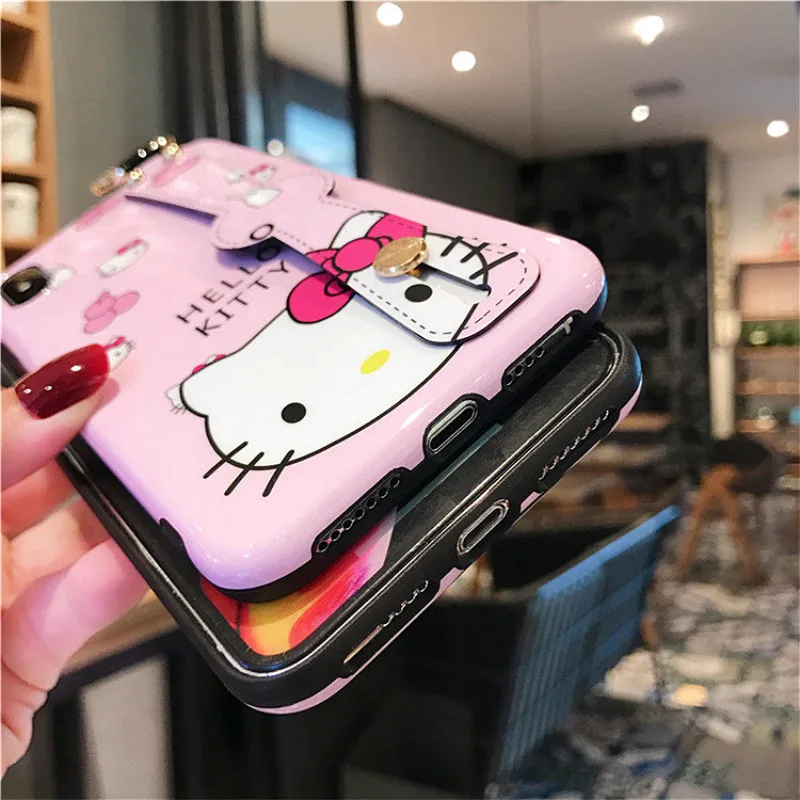 Милый hello kitty Cat кронштейн+ ремешок чехол для iphone 7 Чехол Xs Max 6 6s 8 Plus X Xr мультфильм мягкий ТПУ чехол для телефона