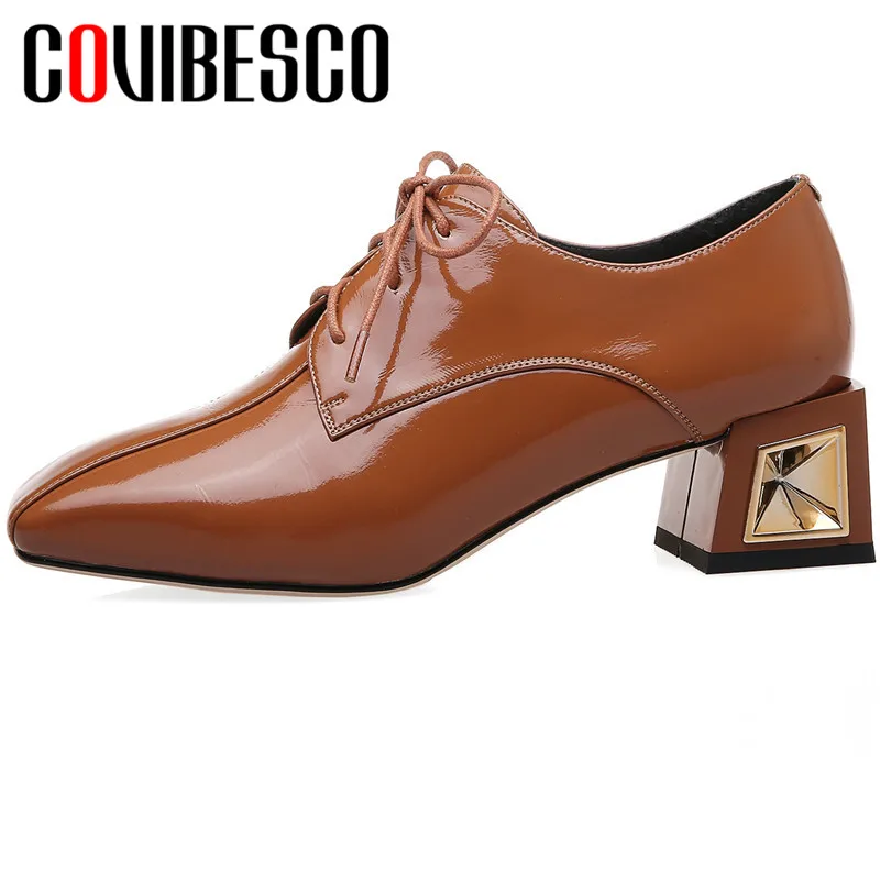 

COVIBESCO High Quality Women Pumps Cow Patent Leather Spring Autumn Office Lace Up Metal Decoration Square Toe Square Heeled
