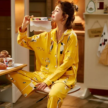 

2 Piece Autumn Women Sleepwear Cartoons Pattern Pajamas Set Long Sleeve Pajamas Suit Female Pijamas Women