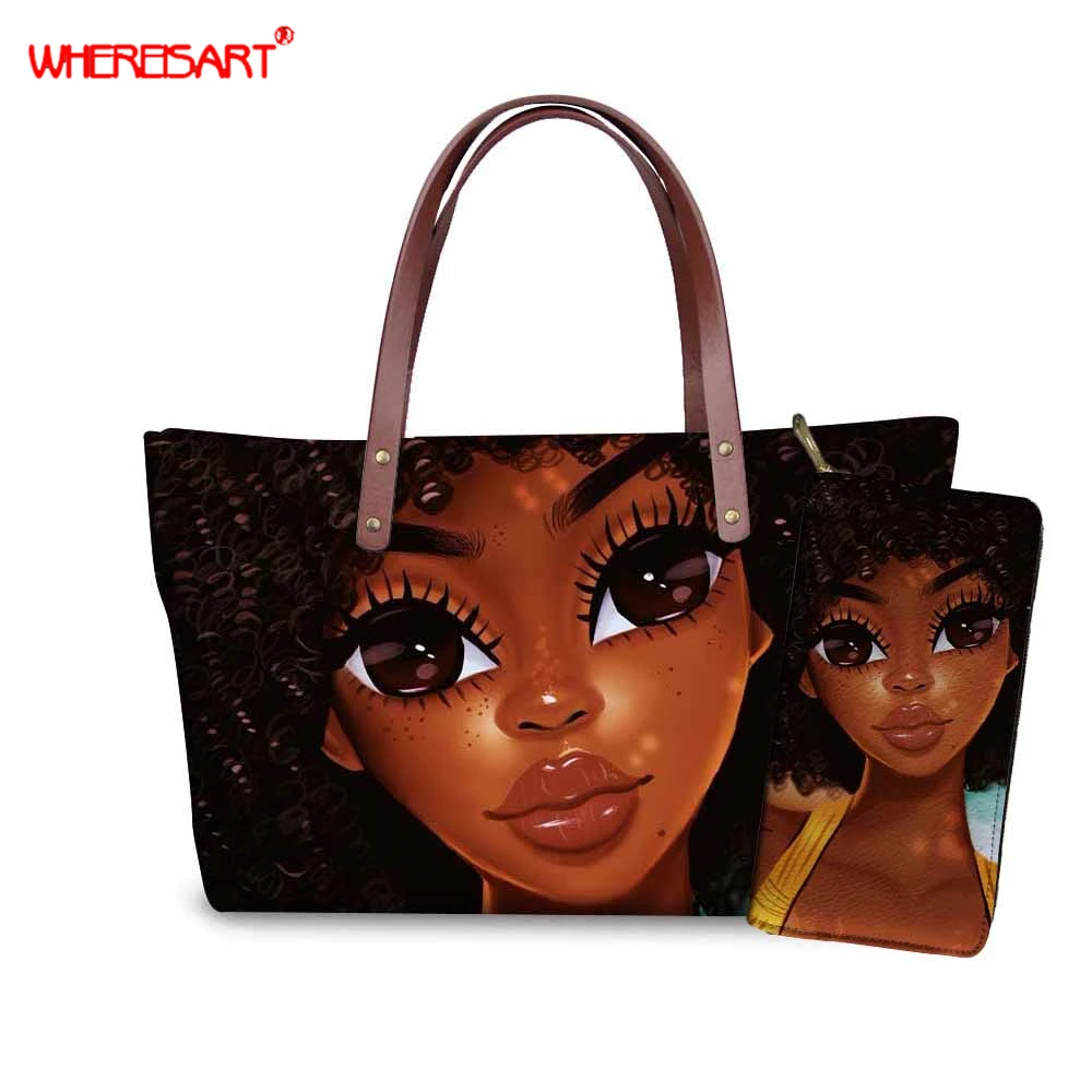

WHEREISART Fashion African American Women Handbag Female PU Leather Purse Top-handle Bolsas Feminina Large Capacity Shoulder Bag