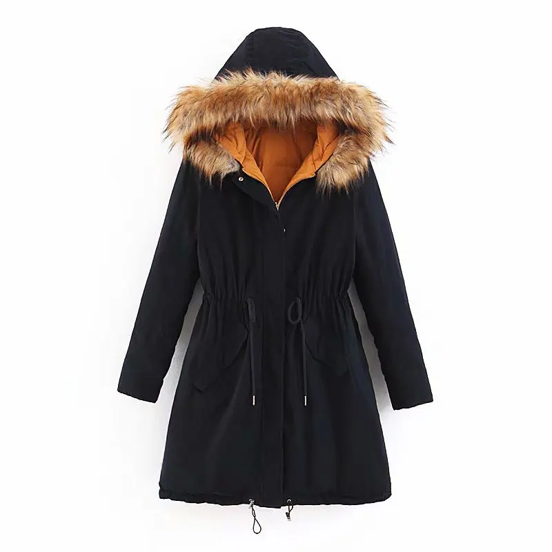 

C1530-Western Style 19 Winter New Products WOMEN'S Dress Solid Color Long Waist Hugging Drawstring Fur Collar Hooded Cotton-padd