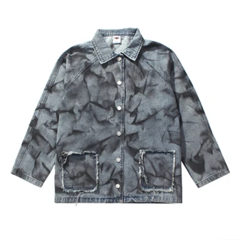 

High Street Men Denim Jackets Trend Tie Dye Burrs Washed Do Old Vintage Darkness Parka Clothes Sweater Outerwear Hip Hop Coats
