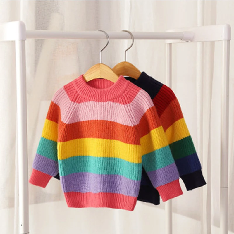 

Kid Rainbow Style Winter Knitting Sweater Children New Arrival Round Neck Stripes Long Sleeve Girl Fashion Pullover Soft Sweater
