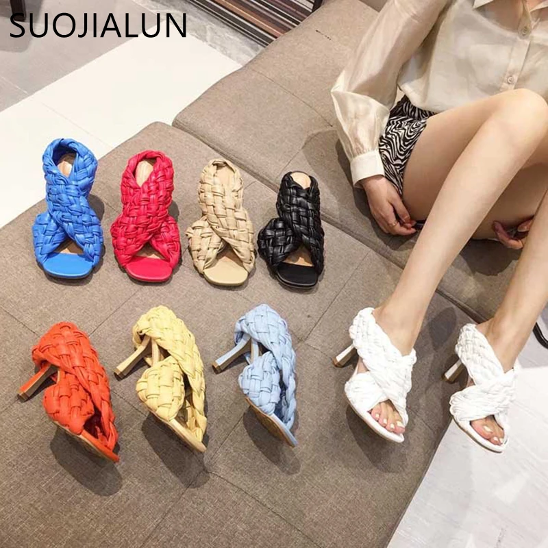 SUOJIALUN Ladies Gladiator Sandals Sexy Thin High Heels Shoes Fashion Brand Weave Open Toe Slip On Rome Slides Women Dress Shoes