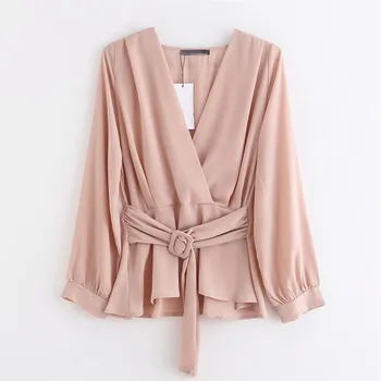 

Casual Loose Shirt with Belt Double Breasted Shirt Women's New V-neck Long Sleeve Fall 2020 Streetwear Solid Polyester