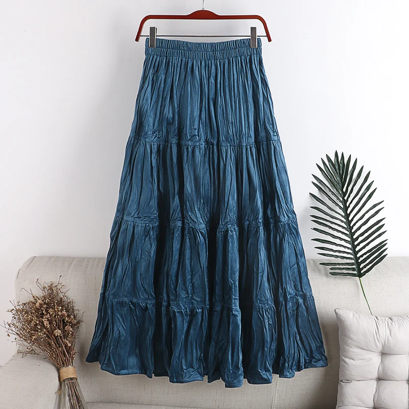 

2020 New Autumn Winter Women Golden Velvet Long Skirt Korean Style Ladies Elastic High Waist Casual Skirts Pleated Bottoms Saias
