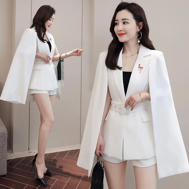 

Fashion 2 piece women's spring new casual cloak set female temperament commute long shawl shirt + shorts two-piece