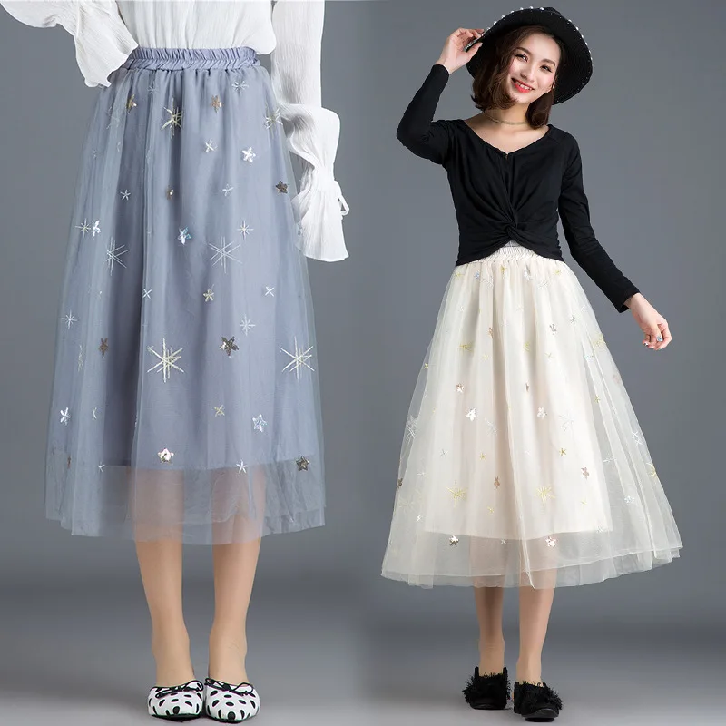 

Lace Net Mesh Dress Half-length Spring And Autumn Mesh Dress Fairy A- line Skirt Mid-length Princess Dress 2019 New Style