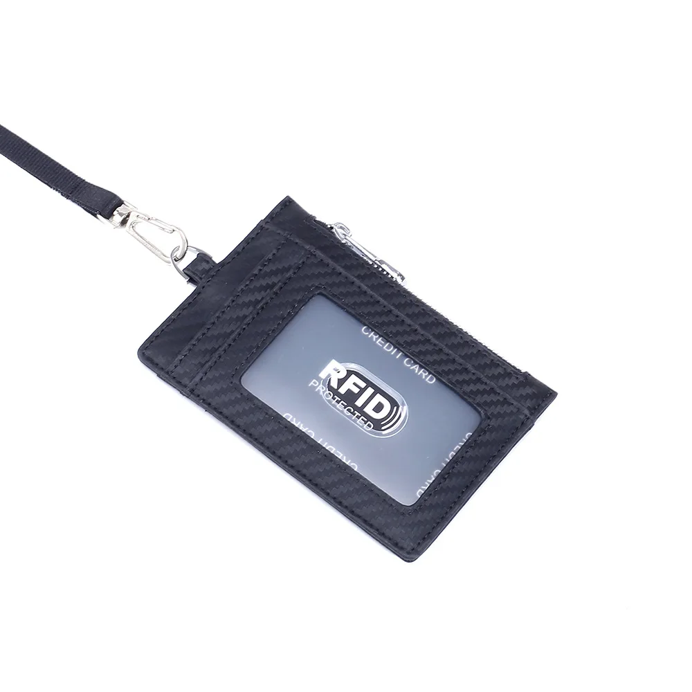 Черный RFID Анти-RF сканирование углеродного волокна коровья кожа имя бирка унисекс держатель карты тонкий кожаный шнурок ID держатель дамы выдвижной - Цвет: Черный
