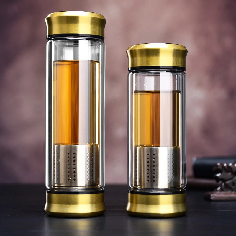 Новая стеклянная бутылка для воды с ситечком для чайного чая с двойными стенками Стеклянная бутылка бесплатно для разборки золота