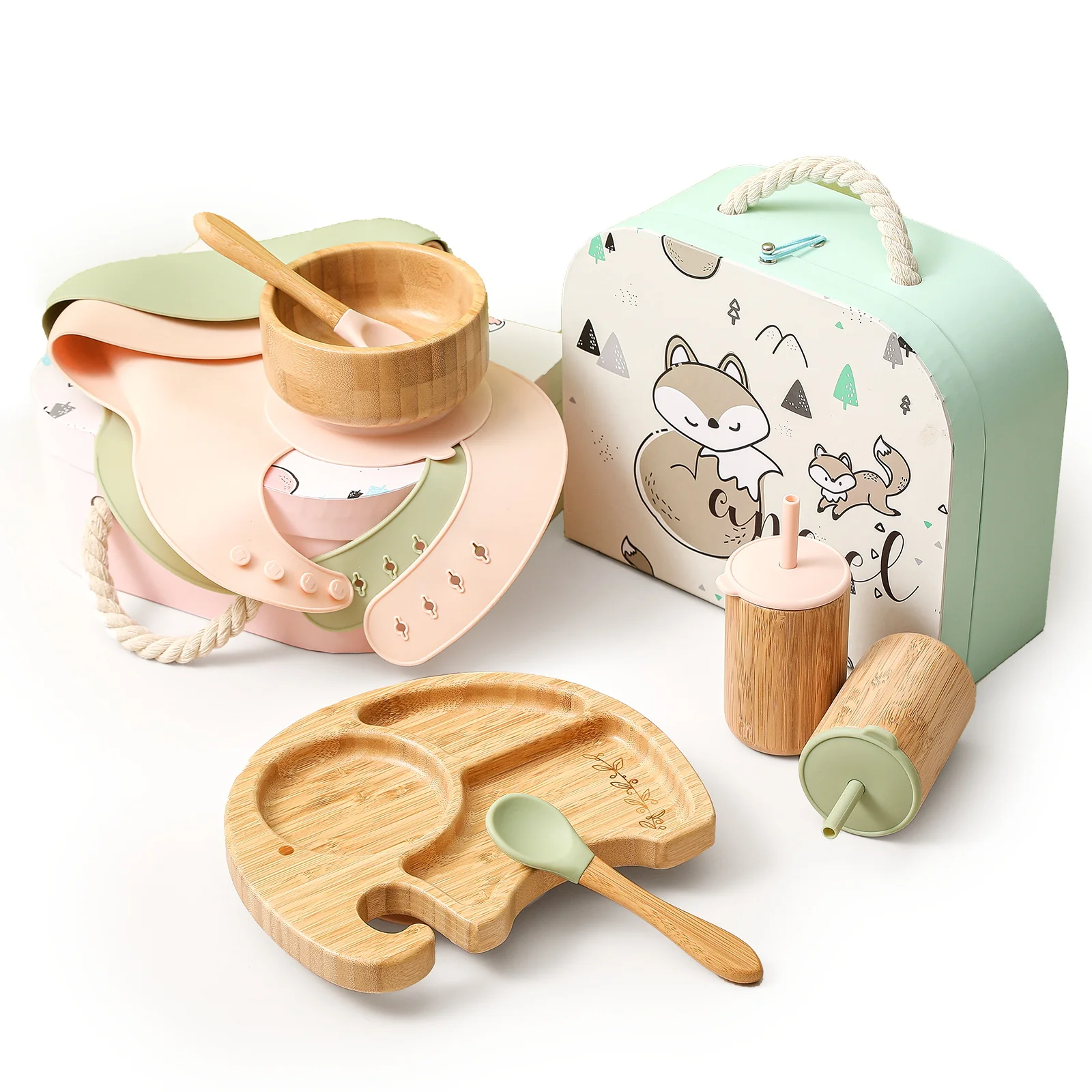 BabyBowlSetTablewareFashionableSoftSiliconeFoodBibStrawCup