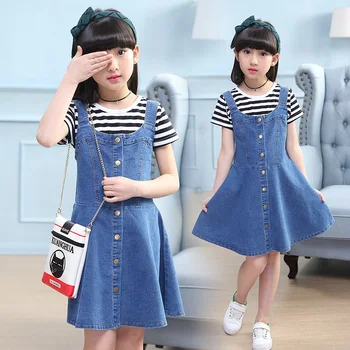 

Girls Clothes Set Summer Outfits Short Sleeve T-shirt+Denim Strap Dress Set 2 Pcs Children Clothing Suit Kids Girl's Dress Sets