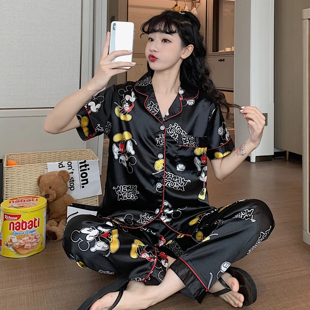 Disney Cute Silk Pajamas for Women Fall Home Suit Mickey Mouse Pyjamas Pj Set Satin Nightwear Sleepwear 2021 Pijama Verano Mujer 5342 Black