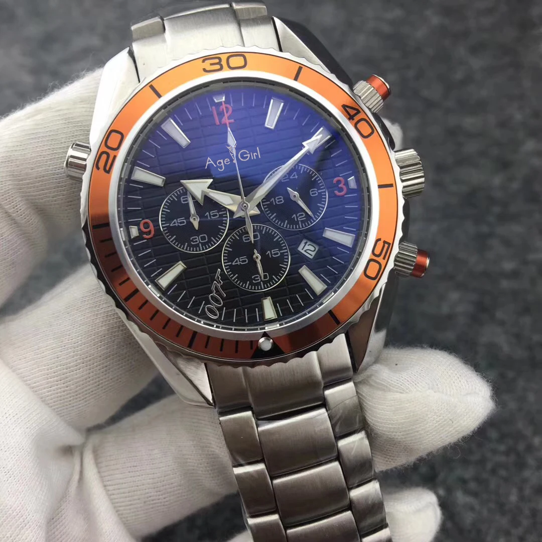 

brand 007 Mens Professional sport dive watches Fashion Stainless Steel orange Chronograph wristwatch Men Luxury Waterproof watch