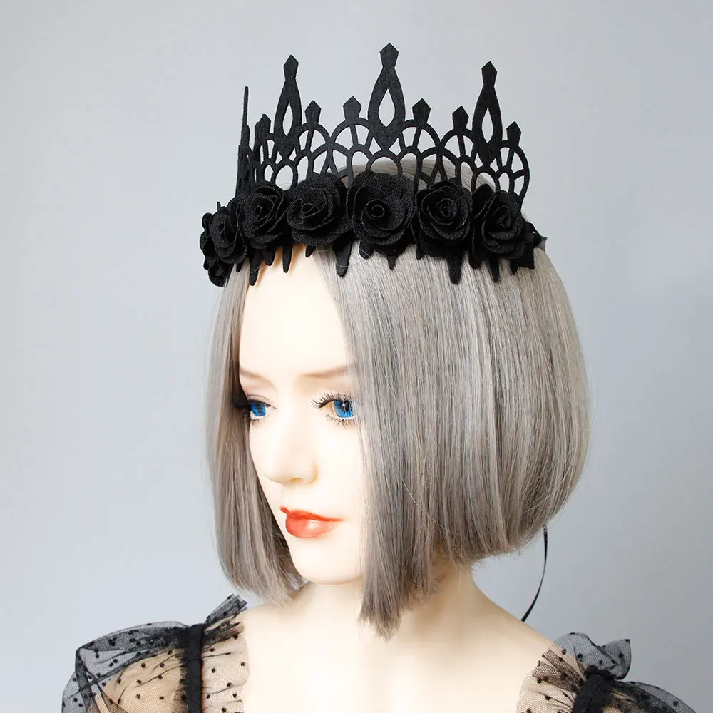Black Flower Crown Tiara Hair Jewelry For Women Gothic Female Wedding Hair Accessories Halloween Princess Queen Head Jewelry