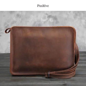 

Leather Bag Crazy Horse Bag Business Men's Leather Retro Shoulder Bag Cross Section Square IPad Bag Zipper Dark Coffee Color