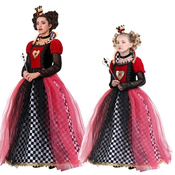 

Adult Women Red Queen of Hearts Costume Sexy Alice in Wonderland Queen Costume Halloween Carnival Uniform for Girls Kids