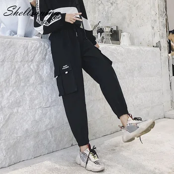 

Shellsuning Letter Print Overalls Female Spring Harajuku Pocket Loose Ins Cargo Women Pants Hiphop Casual Streetwear Beam Pants