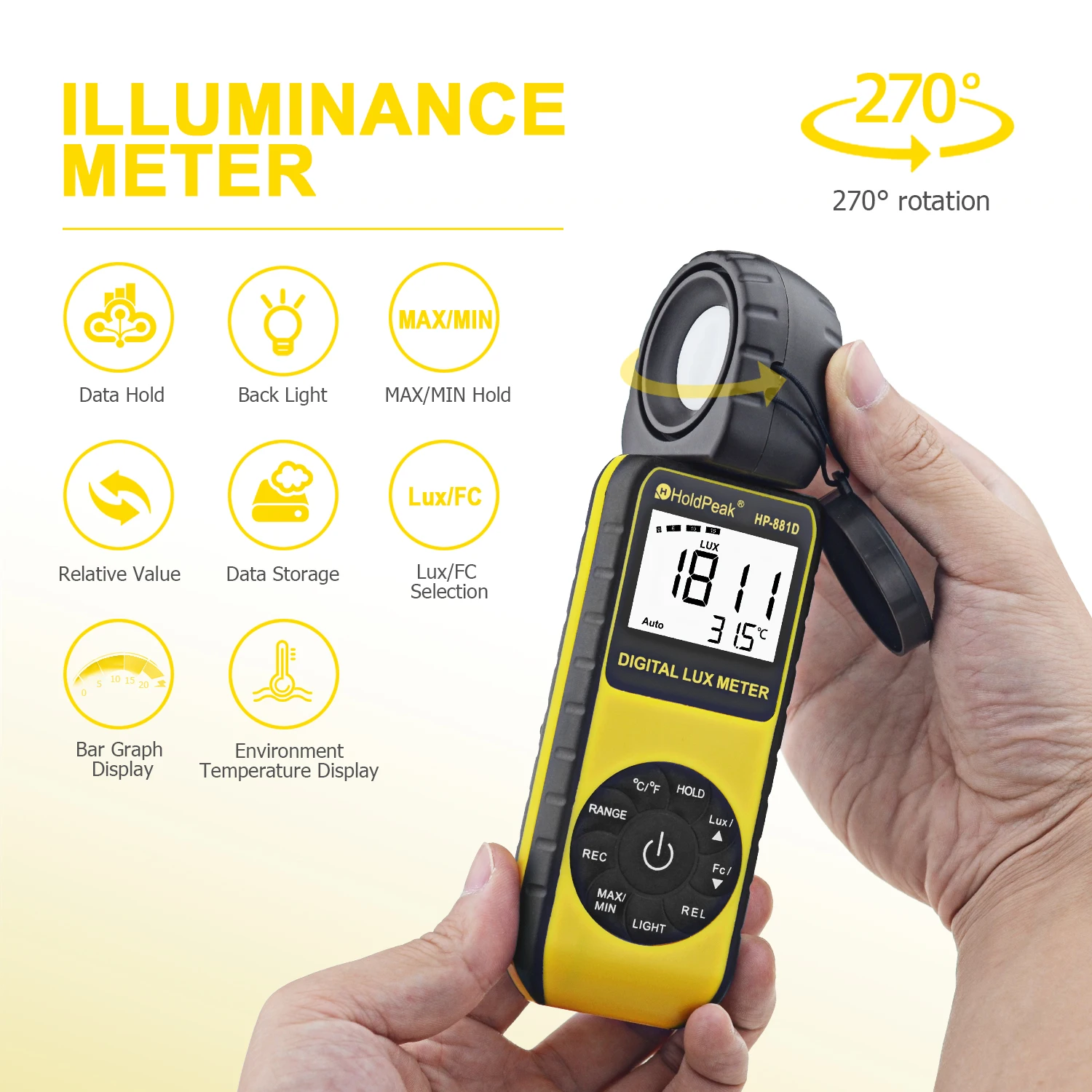 HoldPeak HP-881D New Digital LUX Meter 4000,000 LUX/FC selection High Precision Digital Luxmeter Handheld Type Illuminometer most accurate tape measure