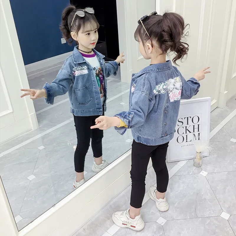 

Spring Autumn Girl Jacket 2019 Printed Cartoon Girl Children's Jeans Outerwear Sequins Little Beauty Design Kids Coats