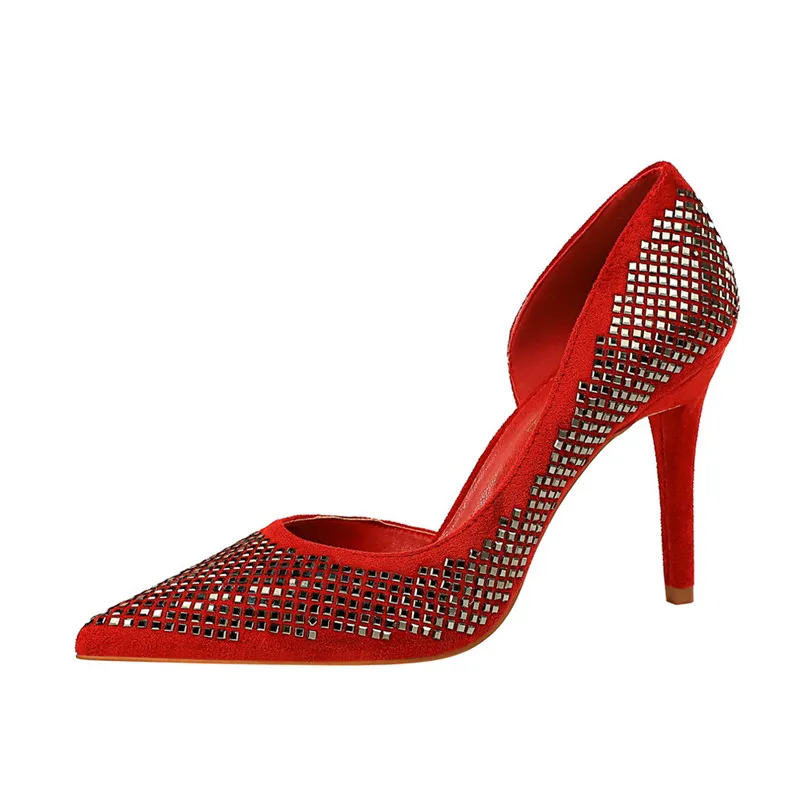 BIGTREE роскошные стразы на высоком каблуке туфли для вечеринки на День Святого Валентина; женская обувь; соблазнительные женские туфли острый носок; модельная офисная Для женщин обувь - Цвет: Red