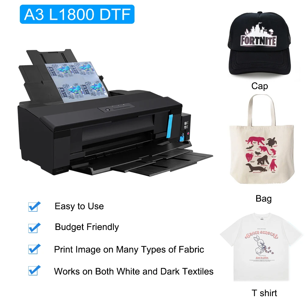 Imprimante de transfert DTF A3 + L1800, machine d'impression de t-shirts, chargeur de rouleau, four de durcissement pour vêtements, sweats à capuche, jeans