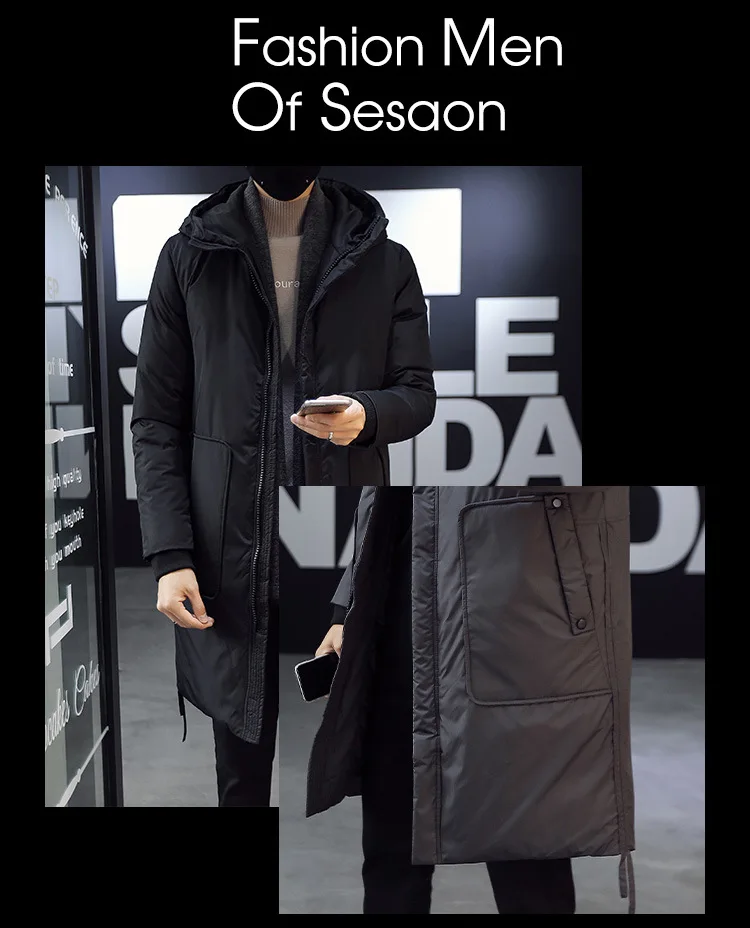 Модная мужская одежда Ozhouzhan, зимняя мужская трендовая куртка с большим карманом и капюшоном, длинная толстая хлопковая стеганая куртка, пальто