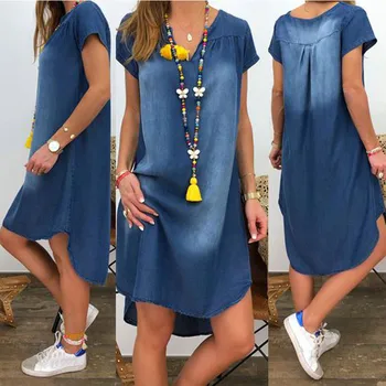 

Denim Dress Plus Size Women's NEW Fashion Casual Solid Sexy V Neck Long Party Loose платье Short Sleeve Swing Summer Dress