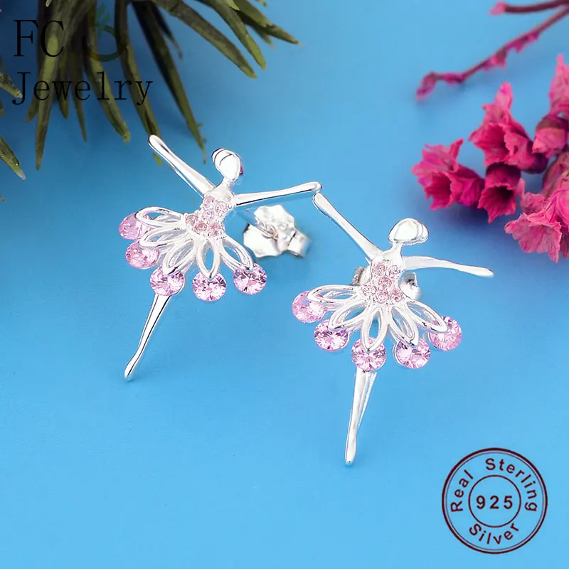 

FC Jewelry 100% 925 Silver Ballet Dancer Rhinestone Zircon Pink Dress Stud Earring For Girl Baby Pendientes Brinco Party Boucle
