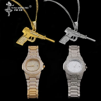 

Luxury Men Gold Silver Color Watch Men Watch & Necklace Combo Set Ice Out Cuban Chain AK47 Pendant 24In Necklace Chain Jewelry