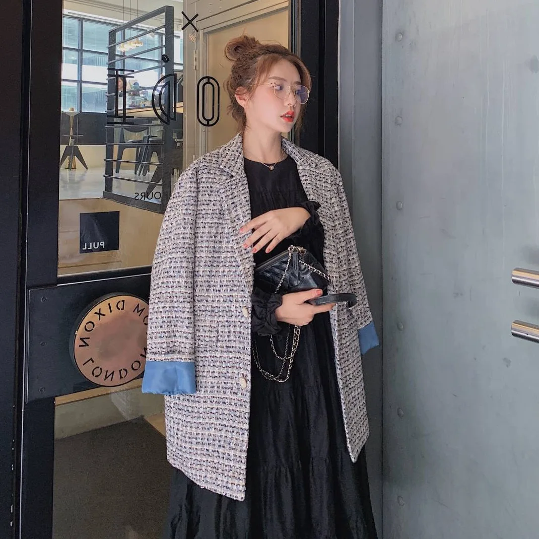 

Photo Shoot Main Push CHIC Retro Blue Braided Pattern Graceful Single Breasted Loose-Fit Versatile Suit Jacket Women's Autumn