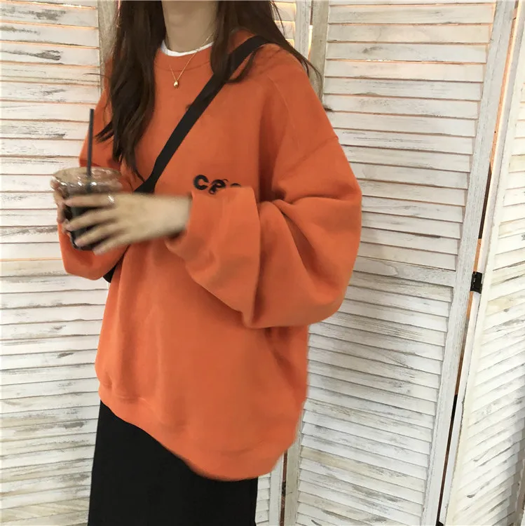 Hoodies Women O-Neck Simple Korean Style Thicker Warm Loose Long Sleeve Pullover Students Harajuku Streetwear Womens Casual Chic